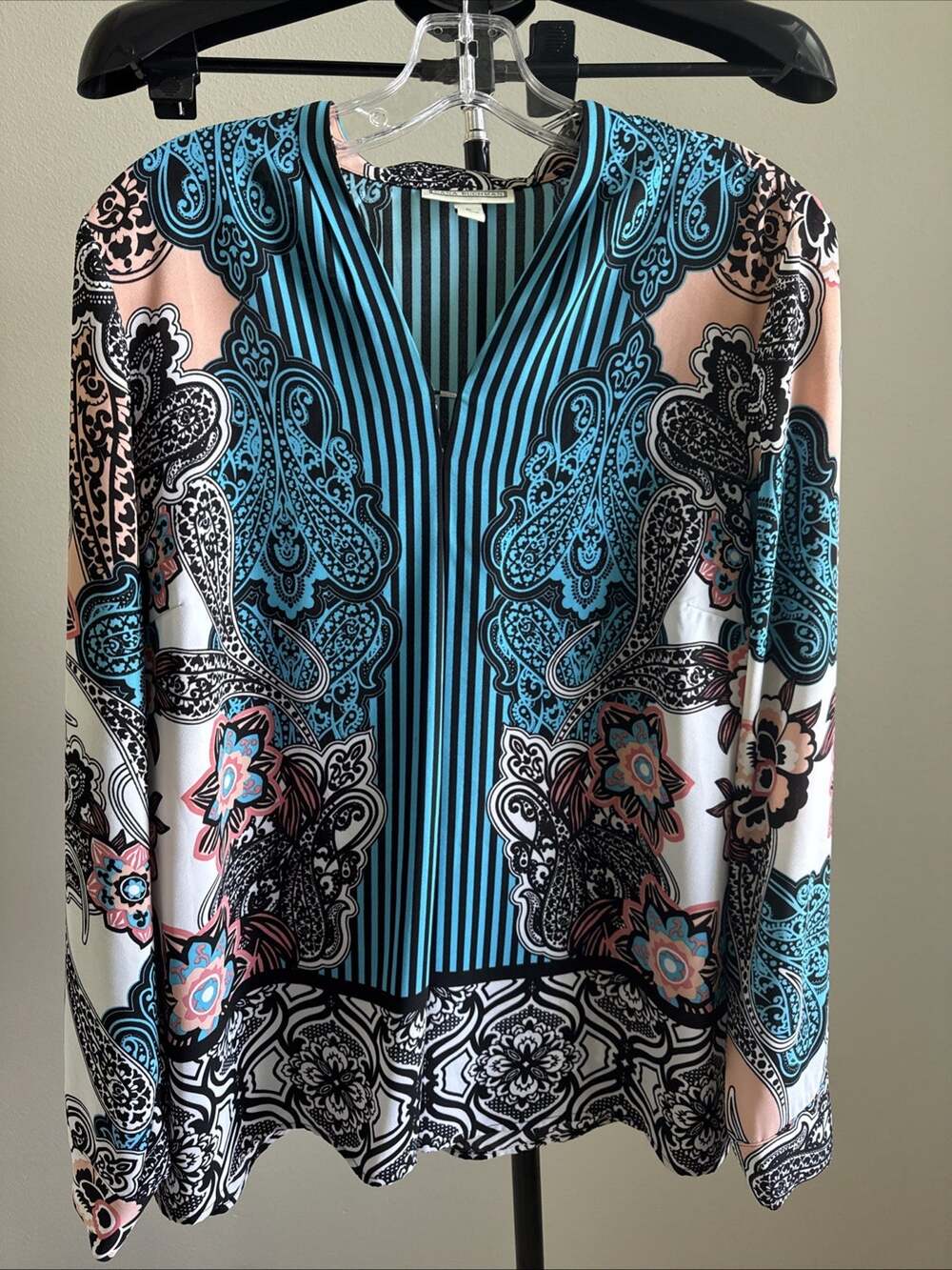 Dana Buchman Women's Bohemian Mixed Print Paisley Long Sleeve Blouse size Large